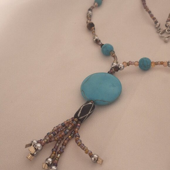 Artisan Beaded Bohemian Turquoise Shell Crystal Tassel Necklace - Picture 2 of 4